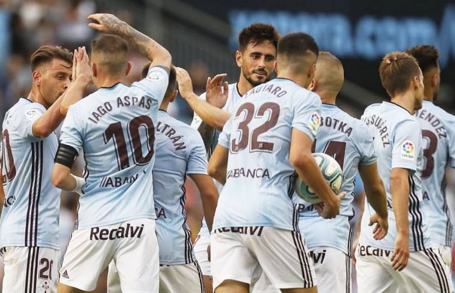 Jugadores del Celta de Vigo en la celebración de un tanto la temporada pasada